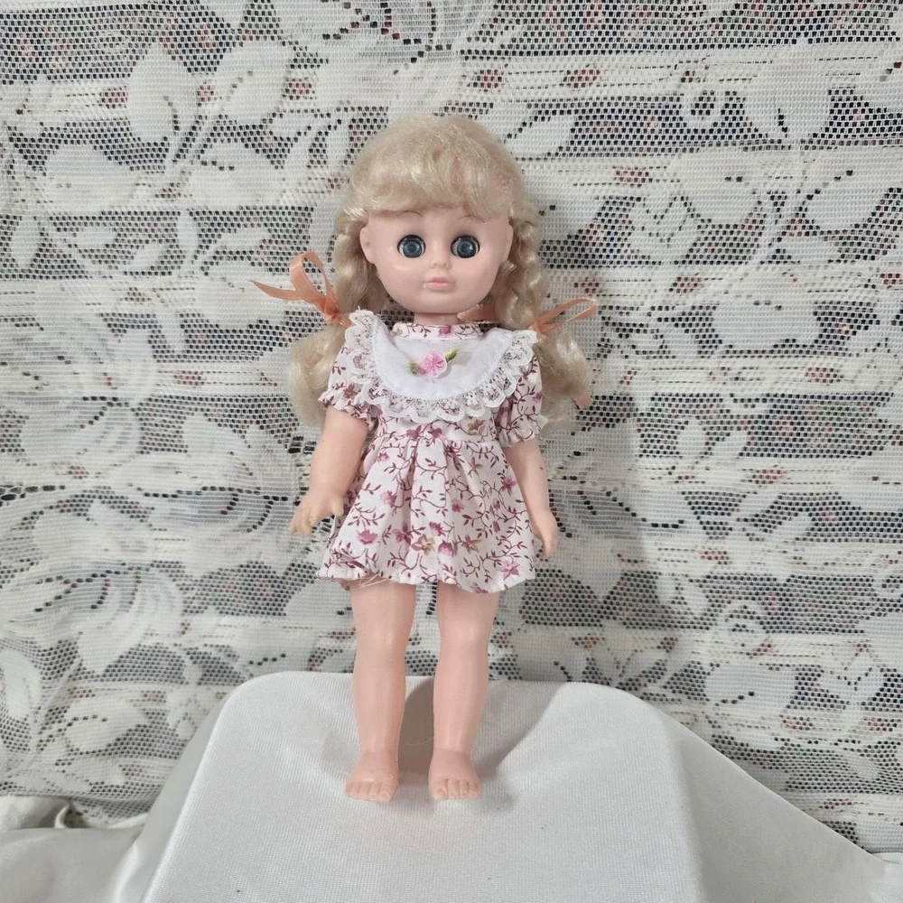 Vintage 1985 Cititoy 8 In Play Doll Blonde Braids Blue Eyes Pink Floral Dress